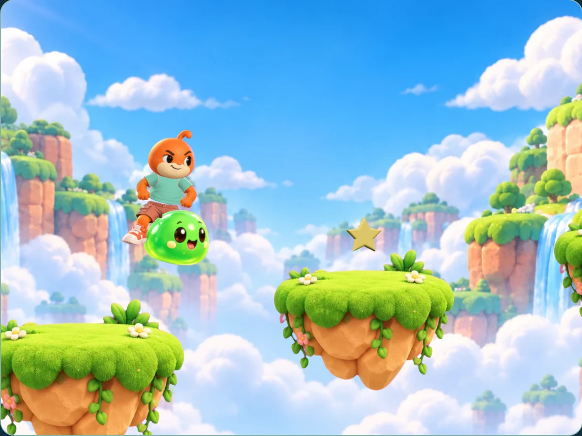 Zubboo riding a bright green slime between floating garden islands